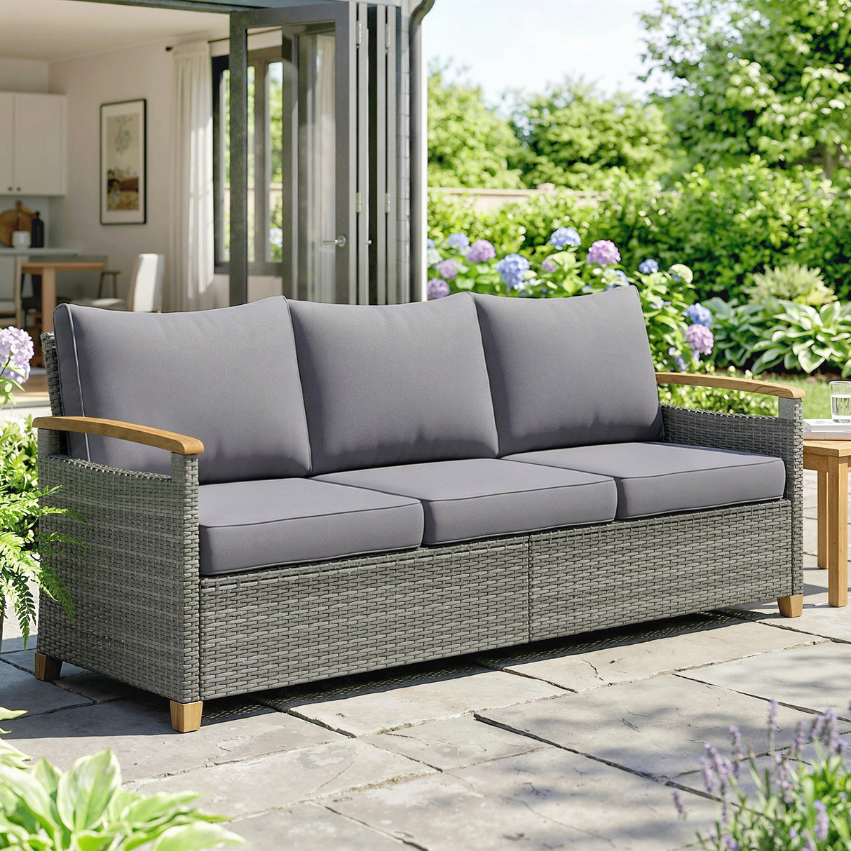 Poly Rattan 3 Seater Garden Sofa With Thickened Cushions and Wooden Armrests - Velmora