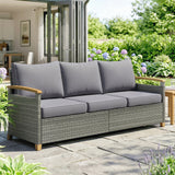 Poly Rattan 3 Seater Garden Sofa With Thickened Cushions and Wooden Armrests - Velmora