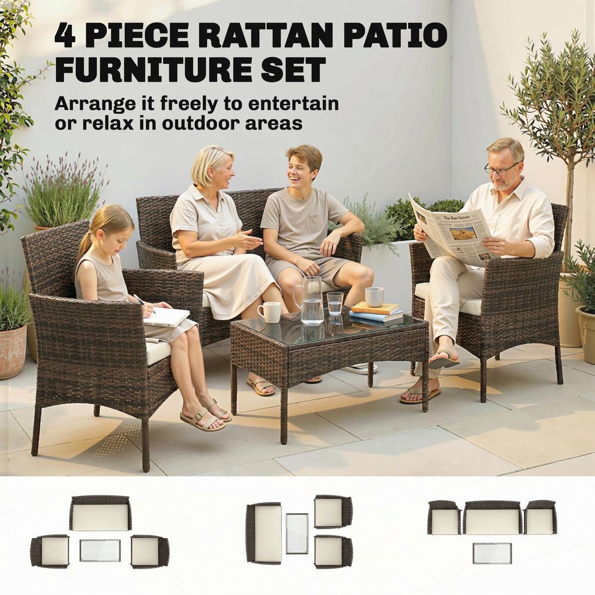 Poly Rattan 4 Piece Garden Furniture Sofa Set With Loveseat And Armchairs - Velmora