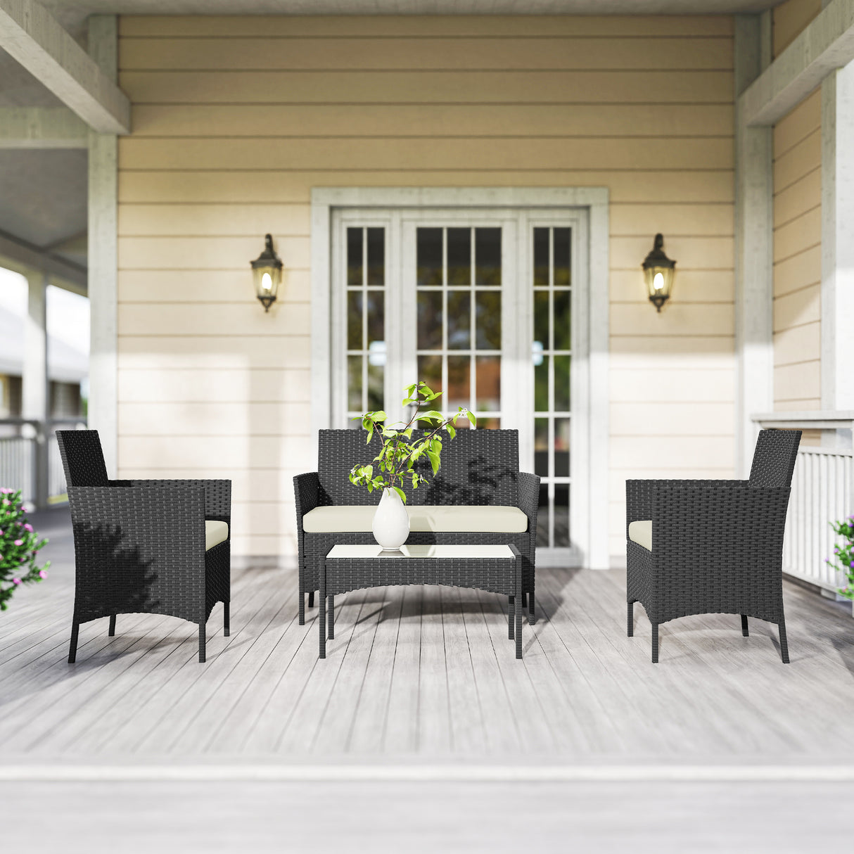 Poly Rattan 4 Piece Garden Furniture Sofa Set With Loveseat And Armchairs - Velmora