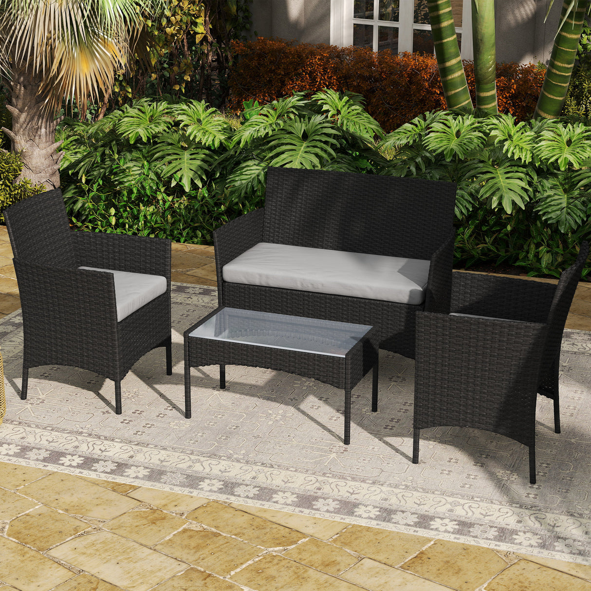 Poly Rattan 4 Piece Garden Furniture Sofa Set With Loveseat And Armchairs - Velmora