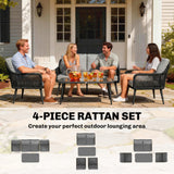Poly Rattan 4 Piece Garden Sofa Set With Rectangular Glass Table and Chairs - Velmora