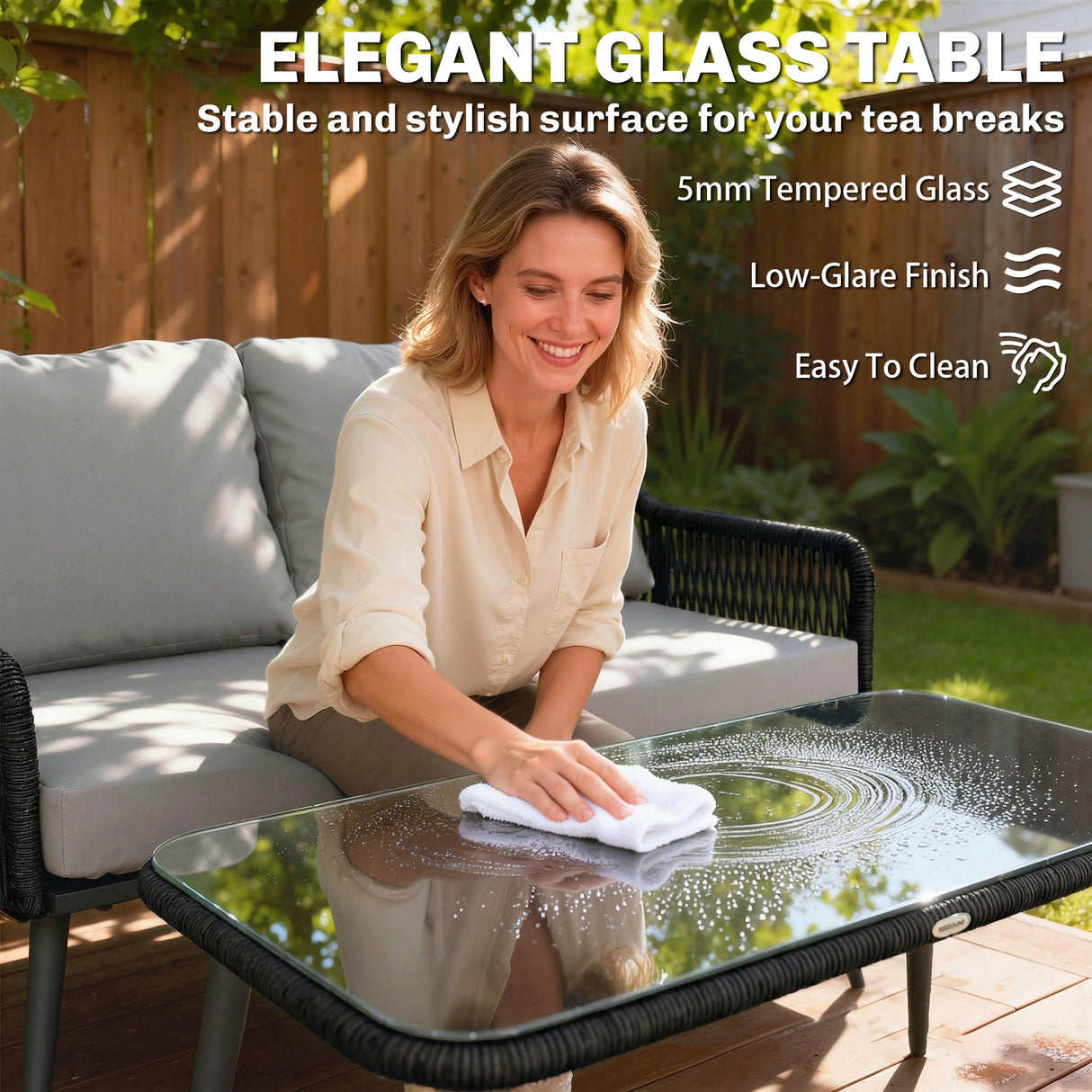 Poly Rattan 4 Piece Garden Sofa Set With Rectangular Glass Table and Chairs - Velmora