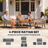 Poly Rattan 4 Piece Garden Sofa Set With Rectangular Glass Table and Chairs - Velmora