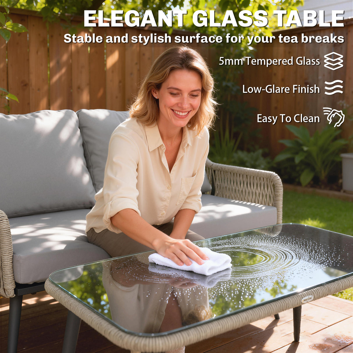 Poly Rattan 4 Piece Garden Sofa Set With Rectangular Glass Table and Chairs - Velmora