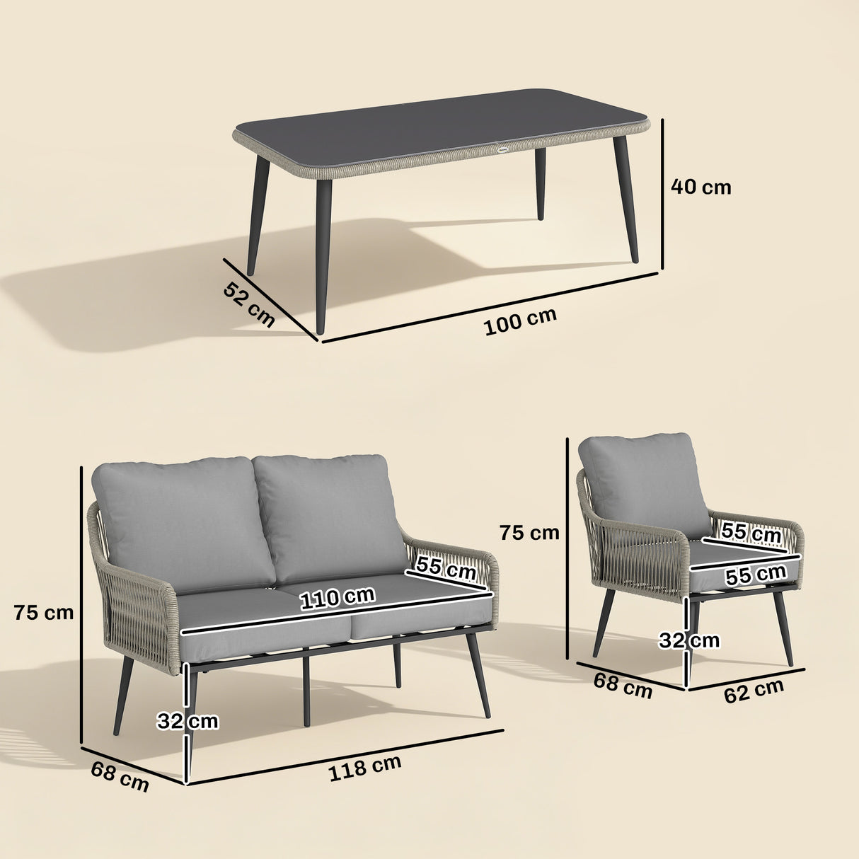 Poly Rattan 4 Piece Garden Sofa Set With Rectangular Glass Table and Chairs - Velmora