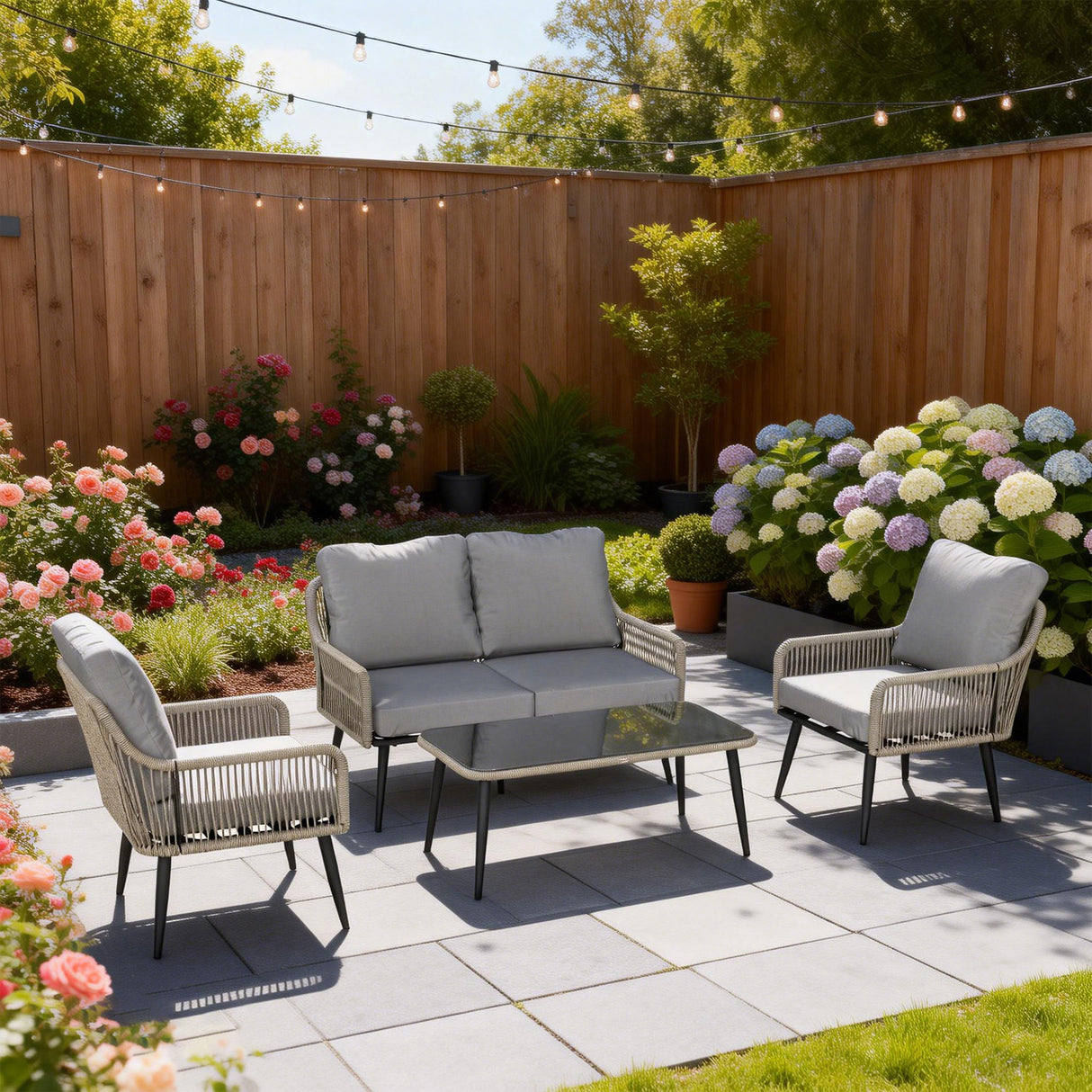 Poly Rattan 4 Piece Garden Sofa Set With Rectangular Glass Table and Chairs - Velmora