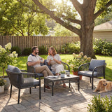 Poly Rattan 4 Pieces Conversation Garden Sofa Set With Loveseat And Table - Velmora