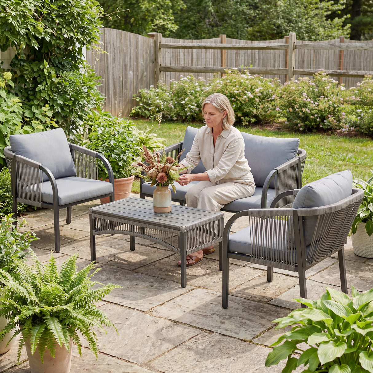 Poly Rattan 4 Pieces Conversation Garden Sofa Set With Loveseat And Table - Velmora
