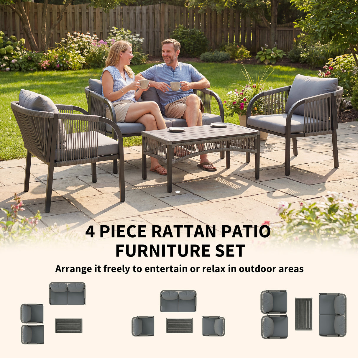 Poly Rattan 4 Pieces Conversation Garden Sofa Set With Loveseat And Table - Velmora