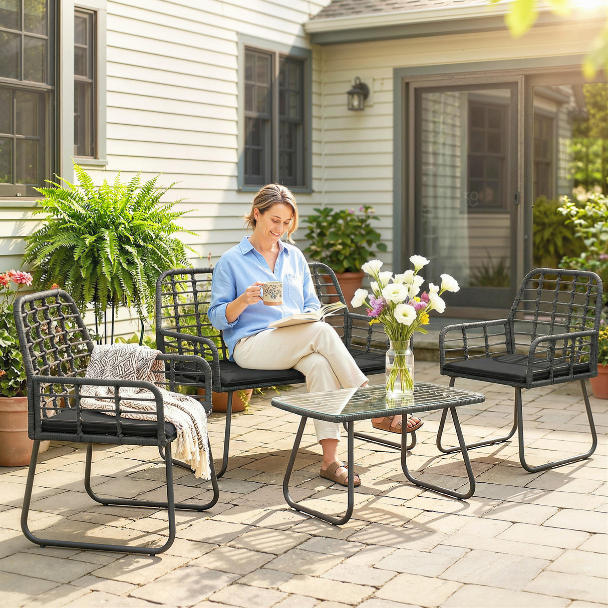 Poly Rattan 4 Pieces Garden Sofa Set With Armchairs and Coffee Table - Velmora