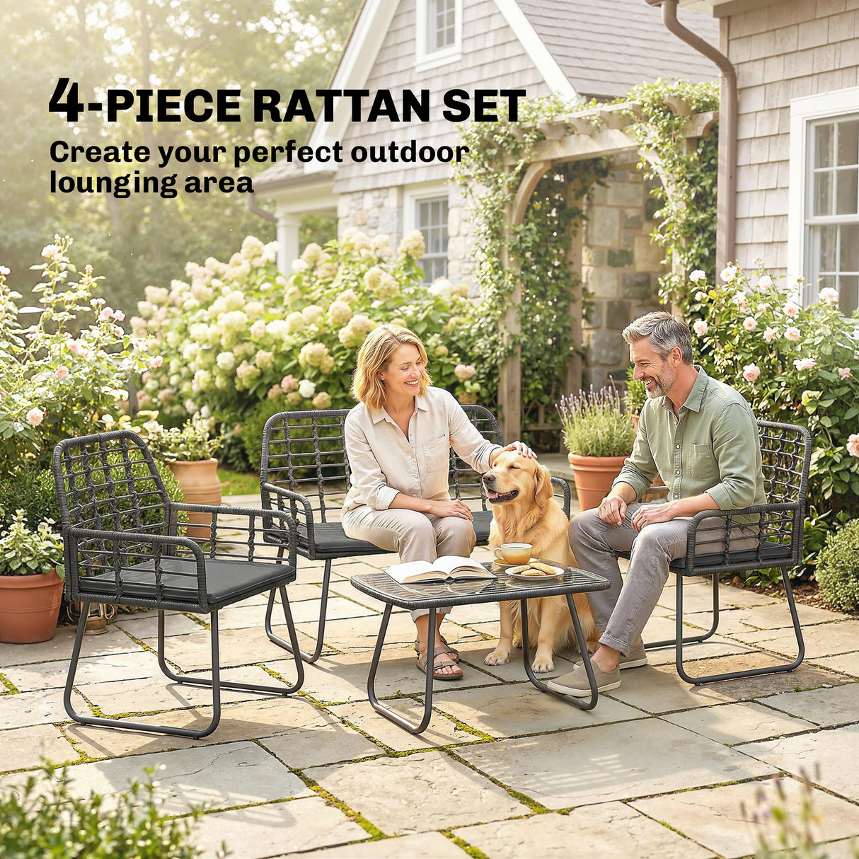 Poly Rattan 4 Pieces Garden Sofa Set With Armchairs and Coffee Table - Velmora