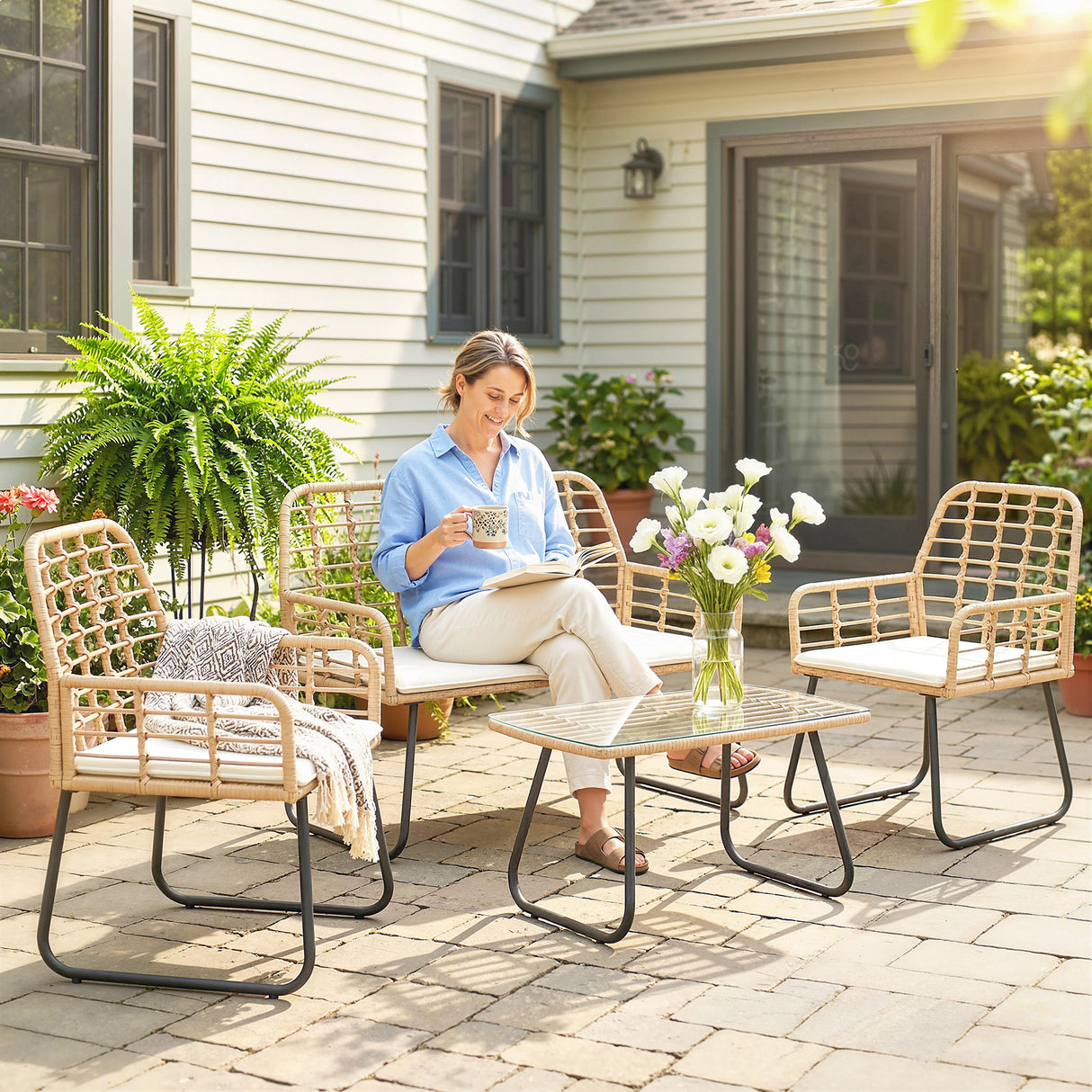 Poly Rattan 4 Pieces Garden Sofa Set With Armchairs and Coffee Table - Velmora