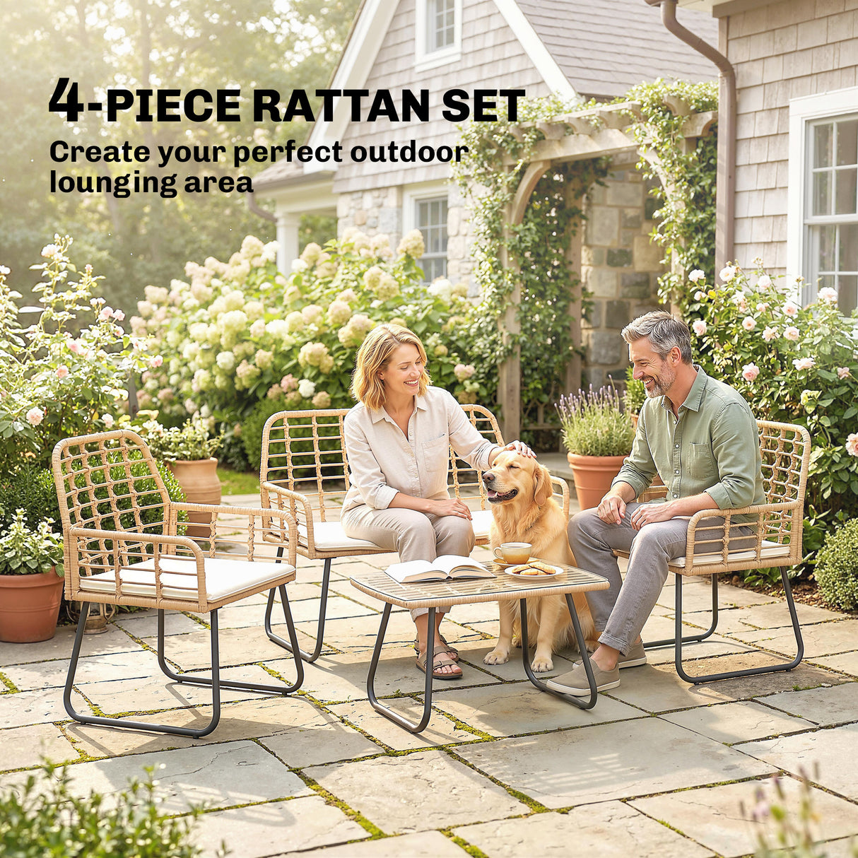 Poly Rattan 4 Pieces Garden Sofa Set With Armchairs and Coffee Table - Velmora