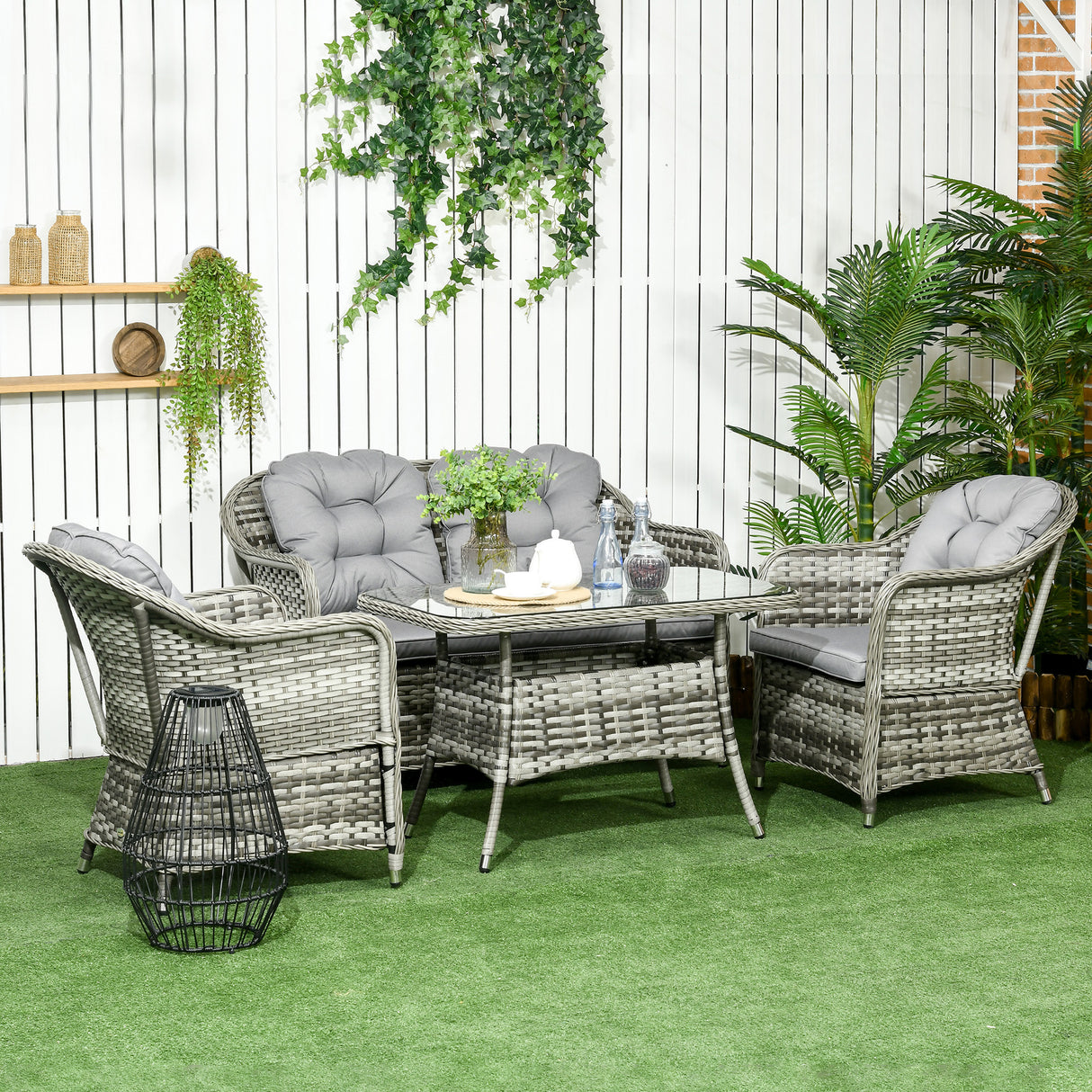 Poly Rattan 4 Pieces Garden Sofa Set With Rectangular Glass Coffee Table - Velmora