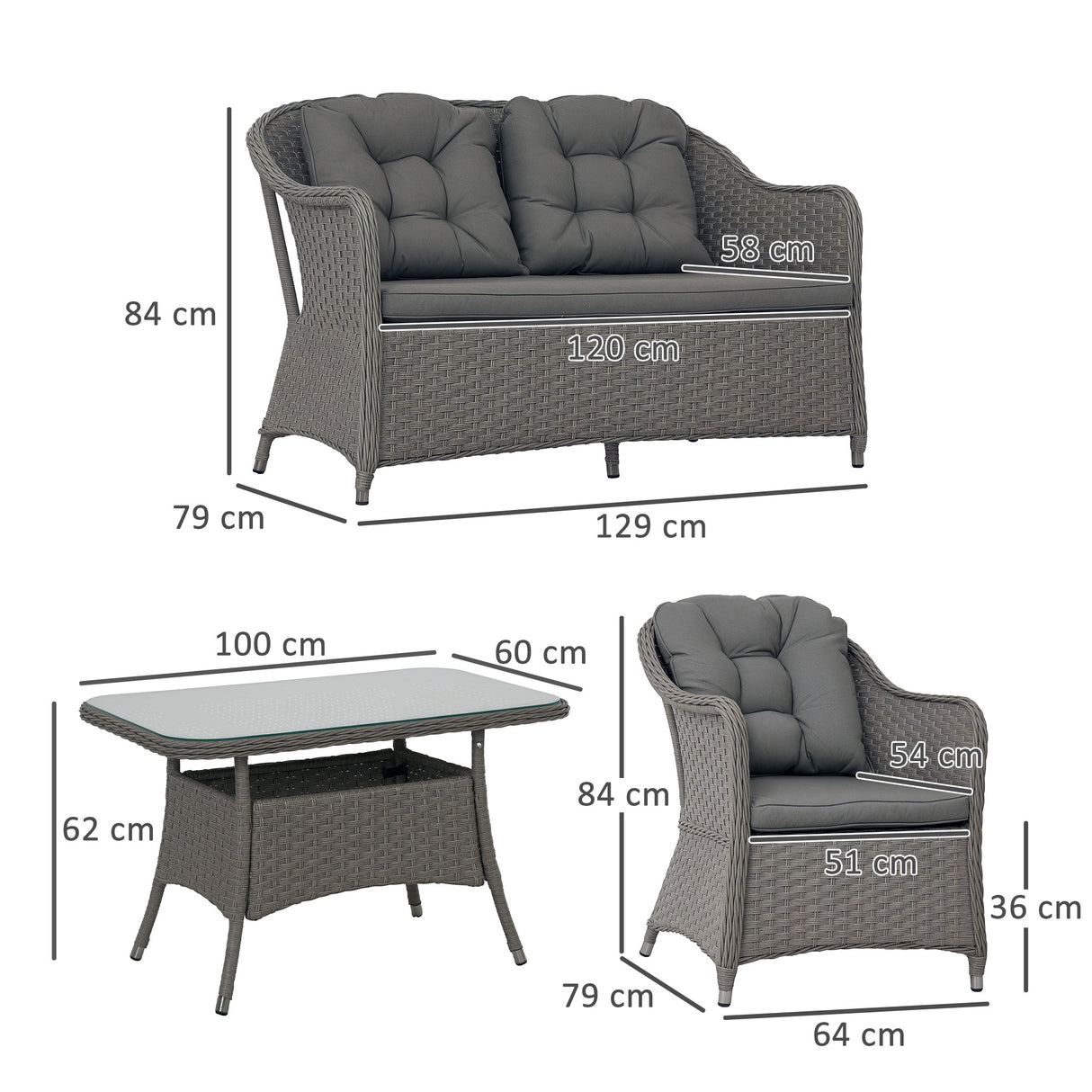 Poly Rattan 4 Pieces Garden Sofa Set With Rectangular Glass Coffee Table - Velmora