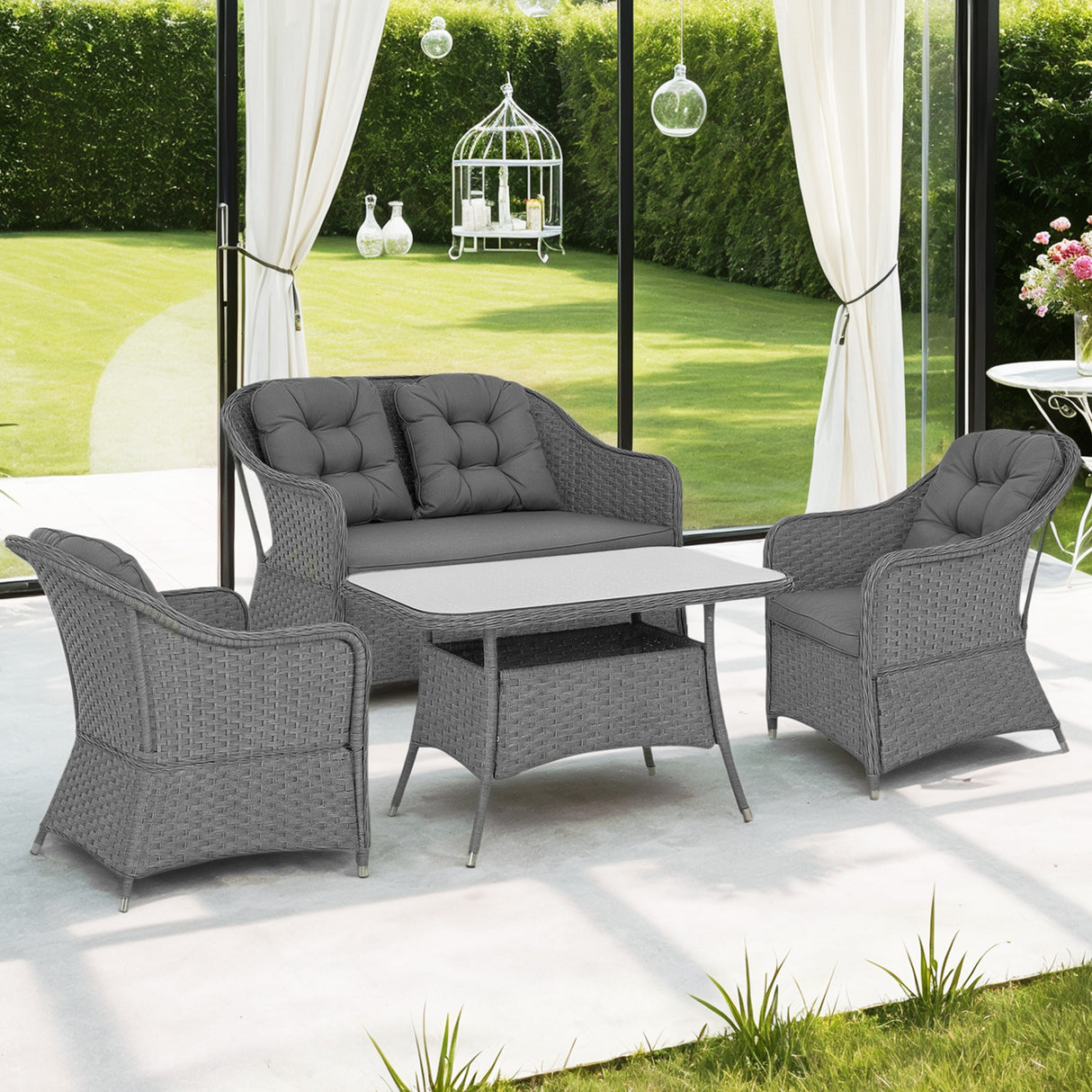 Poly Rattan 4 Pieces Garden Sofa Set With Rectangular Glass Coffee Table - Velmora
