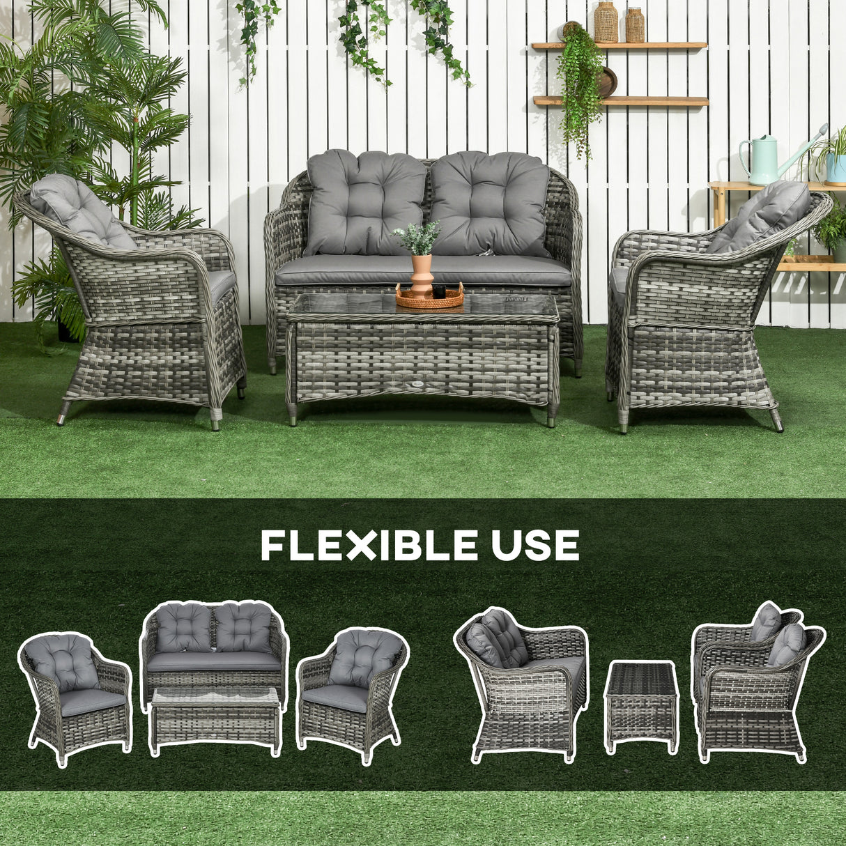 Poly Rattan 4 Pieces Garden Sofa Set With Glass-Top Table - Velmora