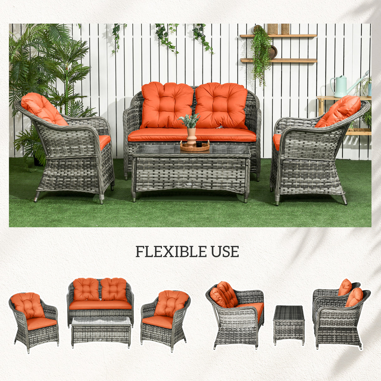 Poly Rattan 4 Pieces Garden Sofa Set With Glass-Top Table - Velmora