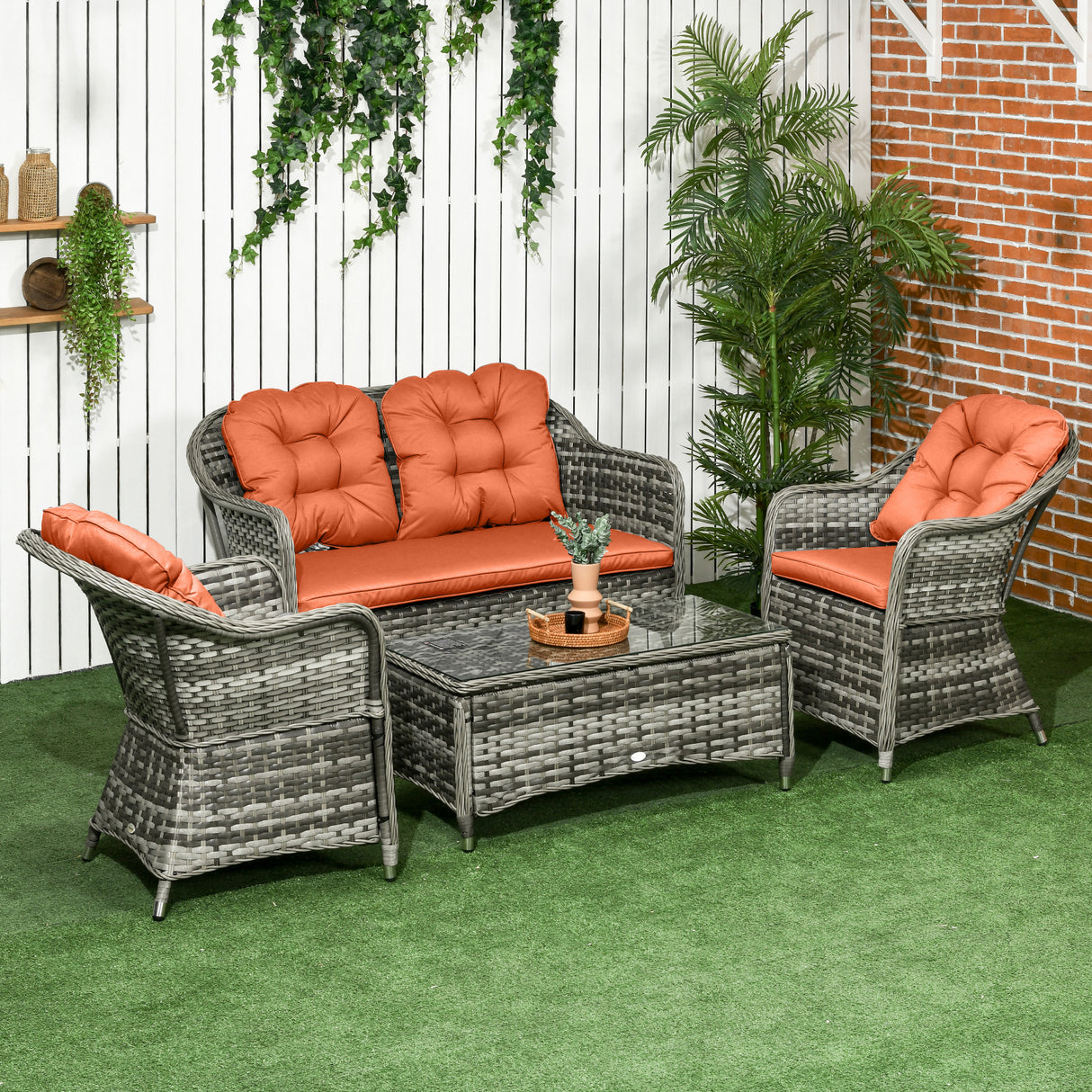 Poly Rattan 4 Pieces Garden Sofa Set With Glass-Top Table - Velmora