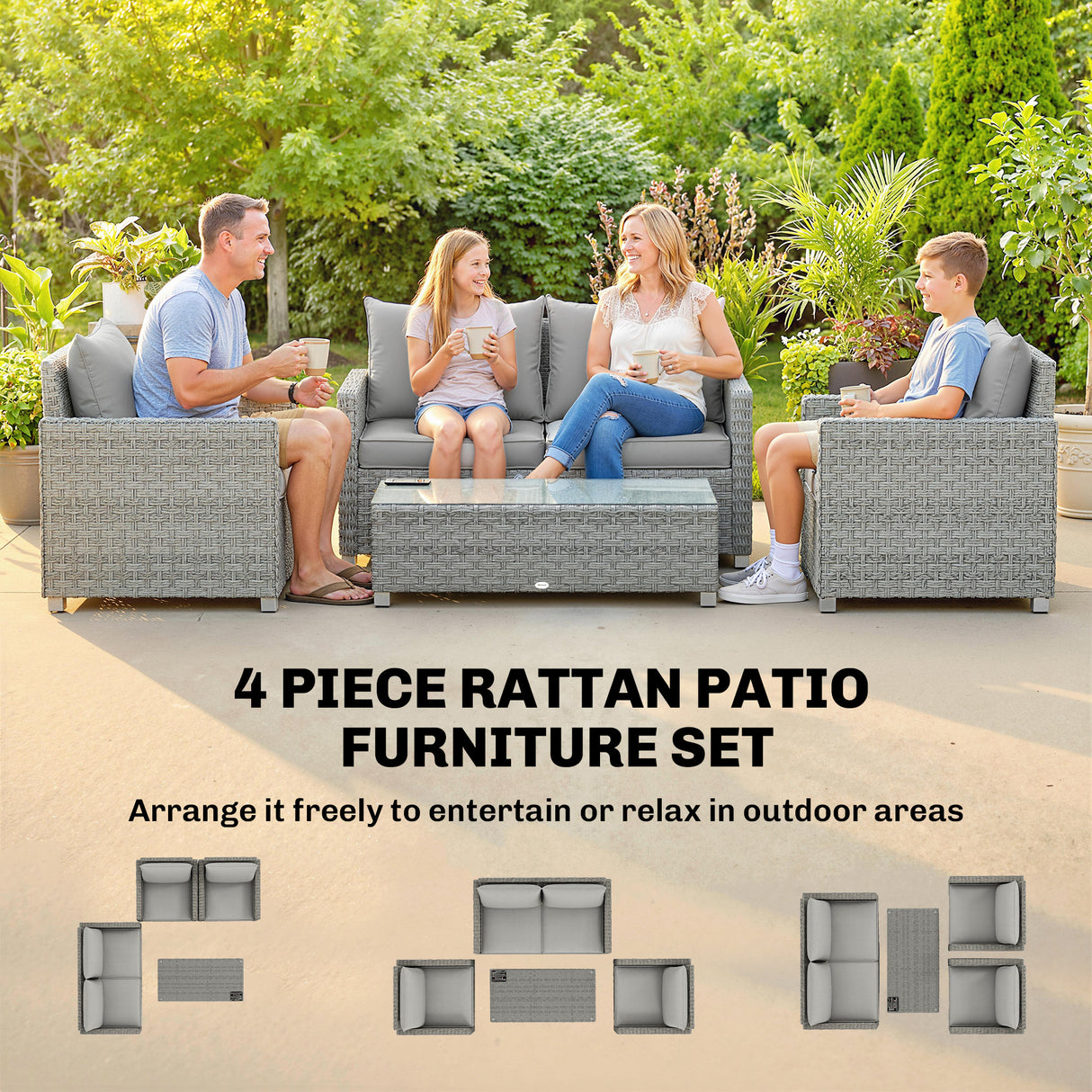Poly Rattan 4 Pieces Garden Sofa Set With Loveseat and 2 Armchairs - Velmora