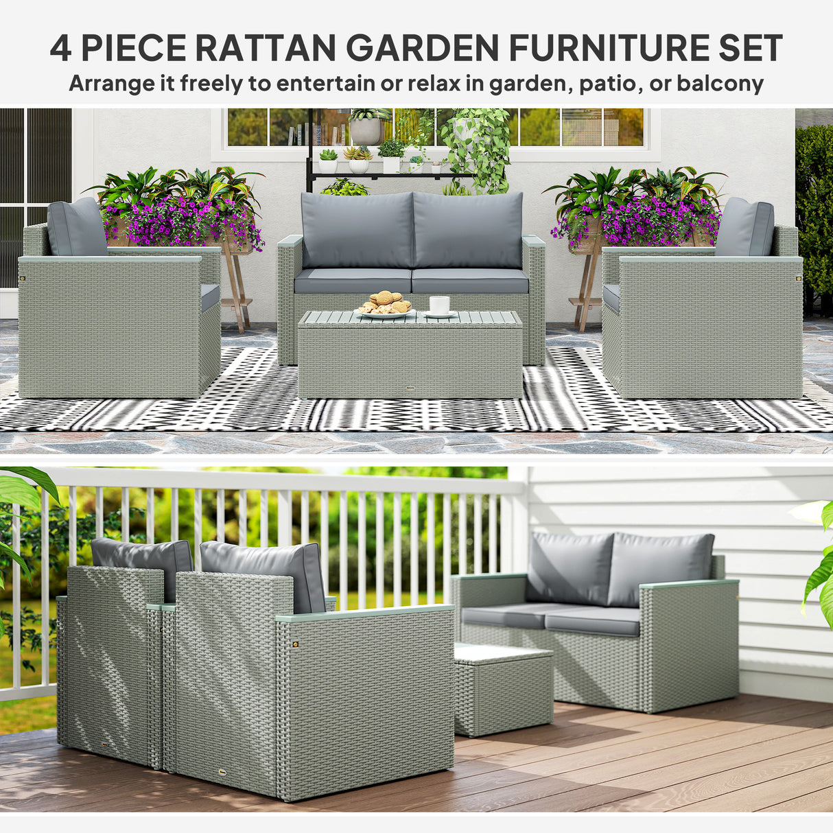 Poly Rattan 4 Pieces Garden Sofa Set With Wood Top Table - Velmora