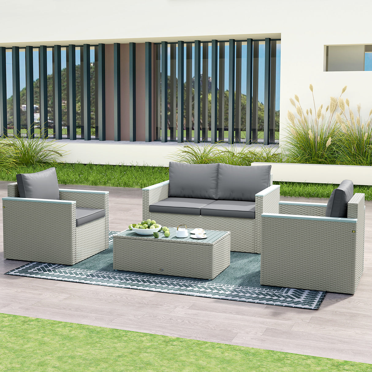 Poly Rattan 4 Pieces Garden Sofa Set With Wood Top Table - Velmora
