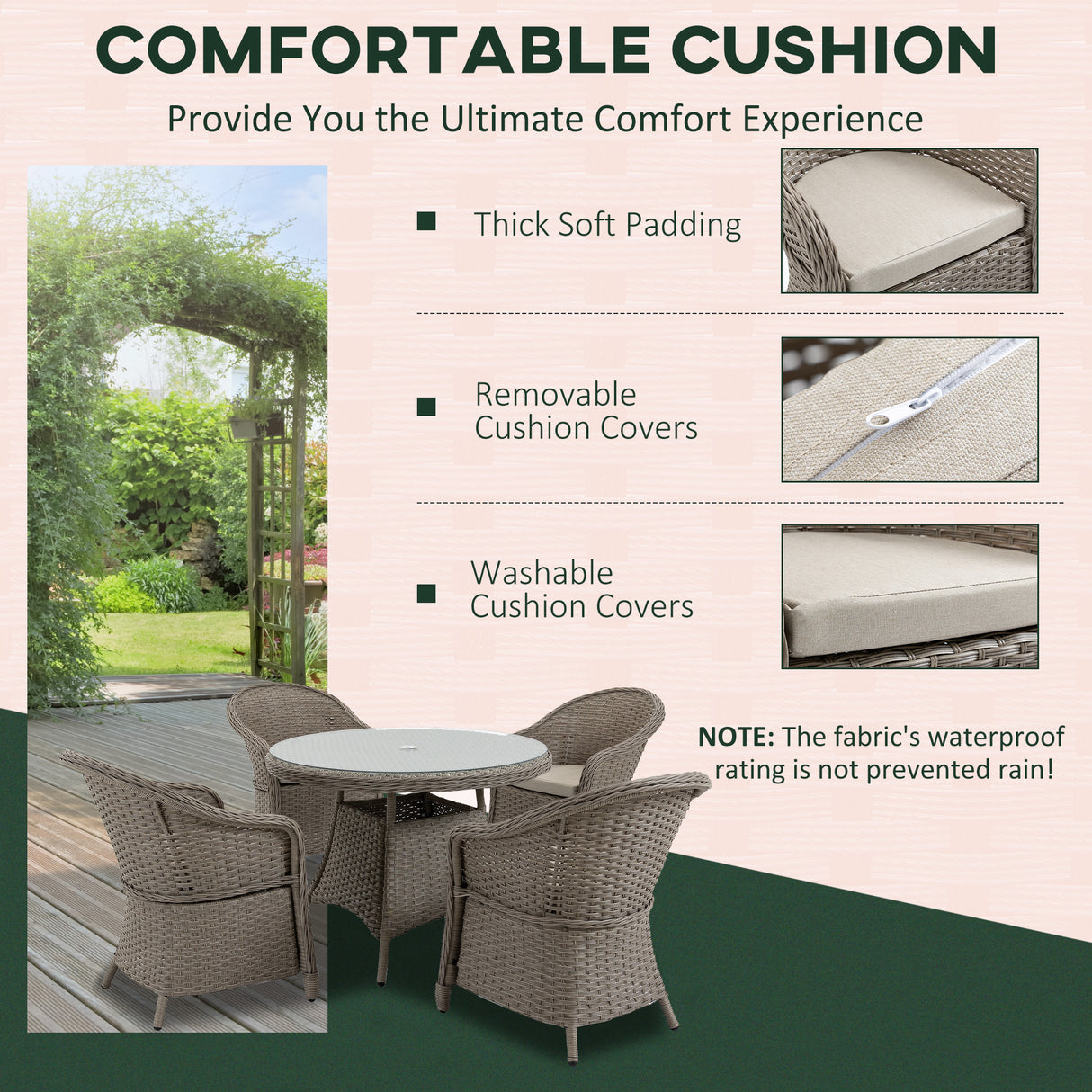 Poly Rattan 4 Seater Garden Dining Set With Parasol Hole And Cushions - Velmora