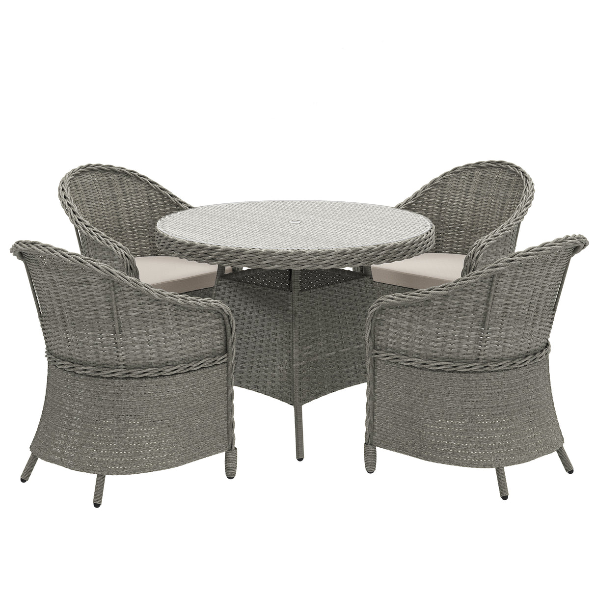 Poly Rattan 4 Seater Garden Dining Set With Parasol Hole And Cushions - Velmora