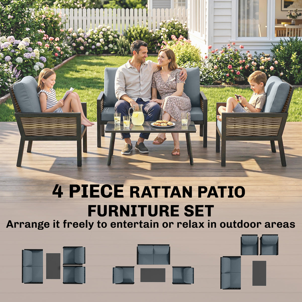 Poly Rattan 4 Seater Garden Sofa Set With 2 Armchairs And Coffee Table - Velmora