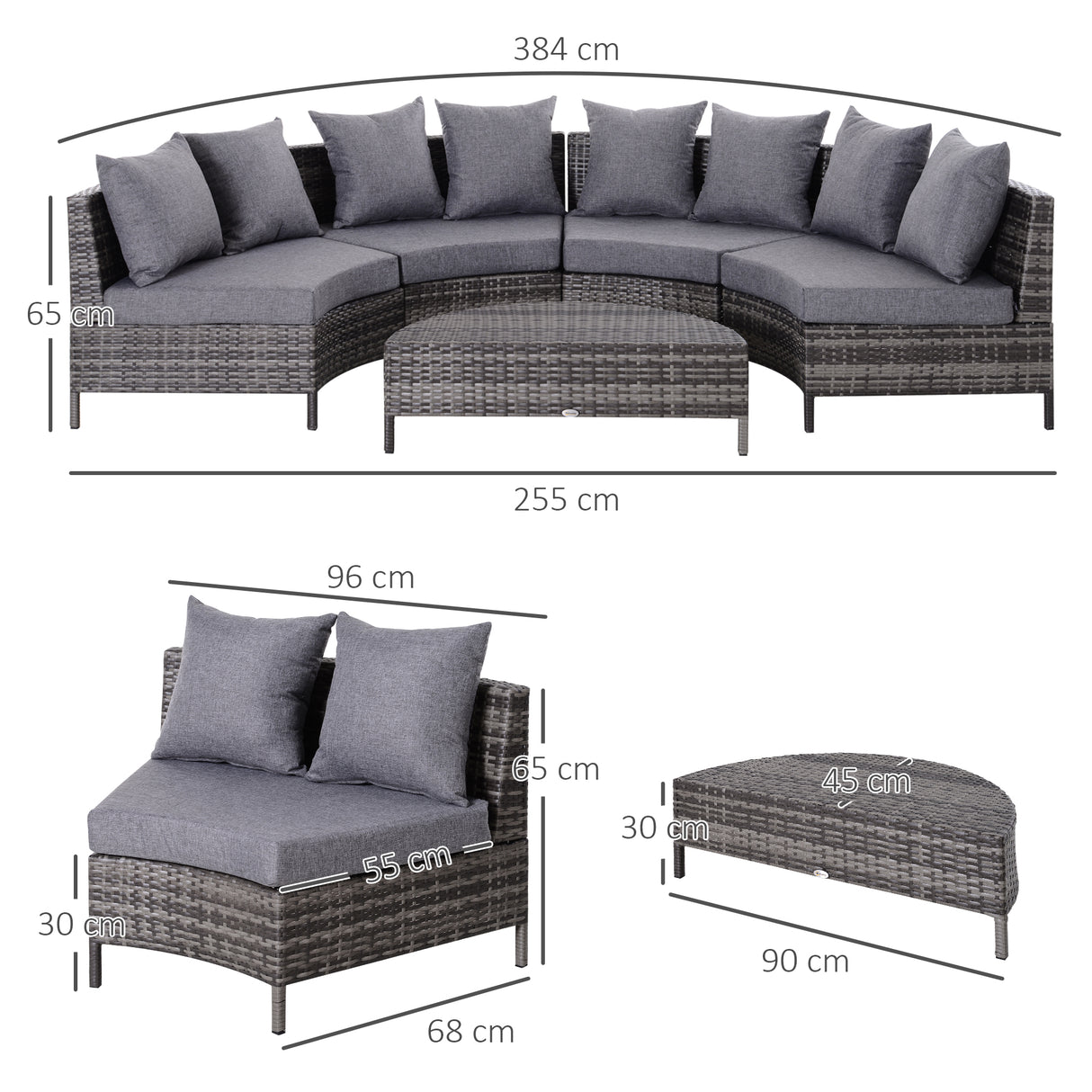 Poly Rattan 4 Seater Half-Round Garden Sofa Set With Coffee Table - Velmora