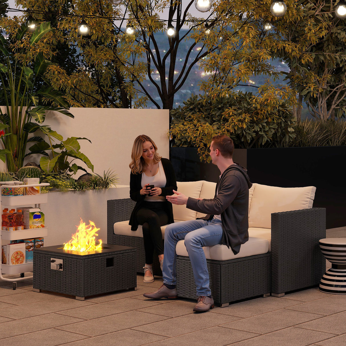 Poly Rattan 5 Piece Garden Sofa Set With Gas Fire Pit Table and Footstool - Velmora