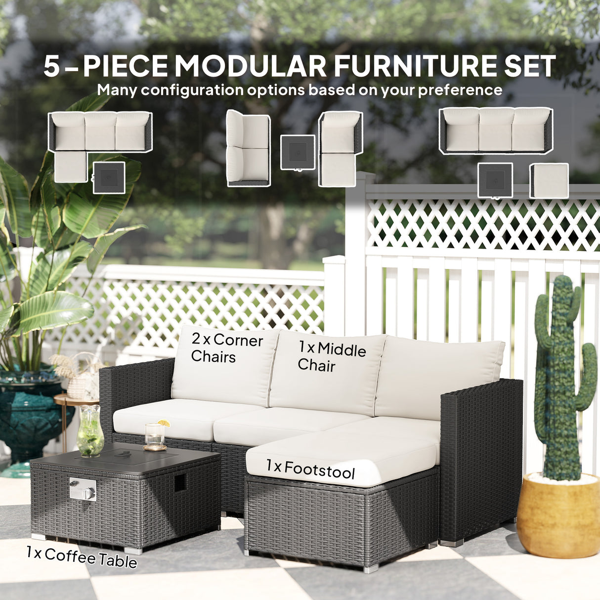 Poly Rattan 5 Piece Garden Sofa Set With Gas Fire Pit Table and Footstool - Velmora