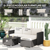 Poly Rattan 5 Piece Garden Sofa Set With Gas Fire Pit Table and Footstool - Velmora