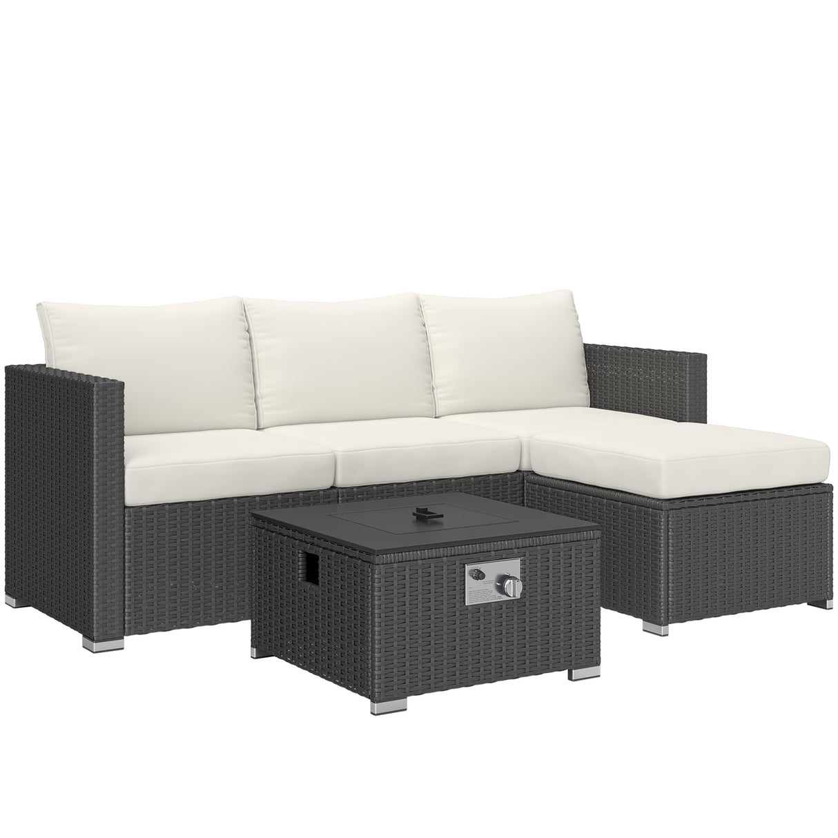Poly Rattan 5 Piece Garden Sofa Set With Gas Fire Pit Table and Footstool - Velmora