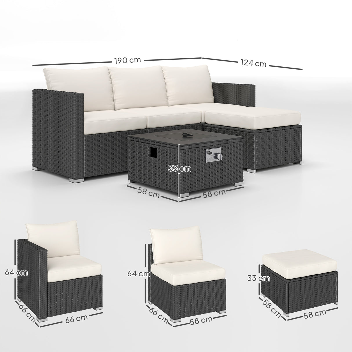 Poly Rattan 5 Piece Garden Sofa Set With Gas Fire Pit Table and Footstool - Velmora