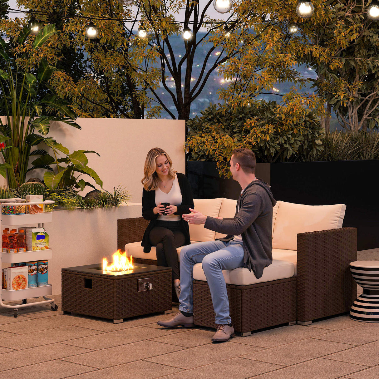 Poly Rattan 5 Piece Garden Sofa Set With Gas Fire Pit Table and Footstool - Velmora