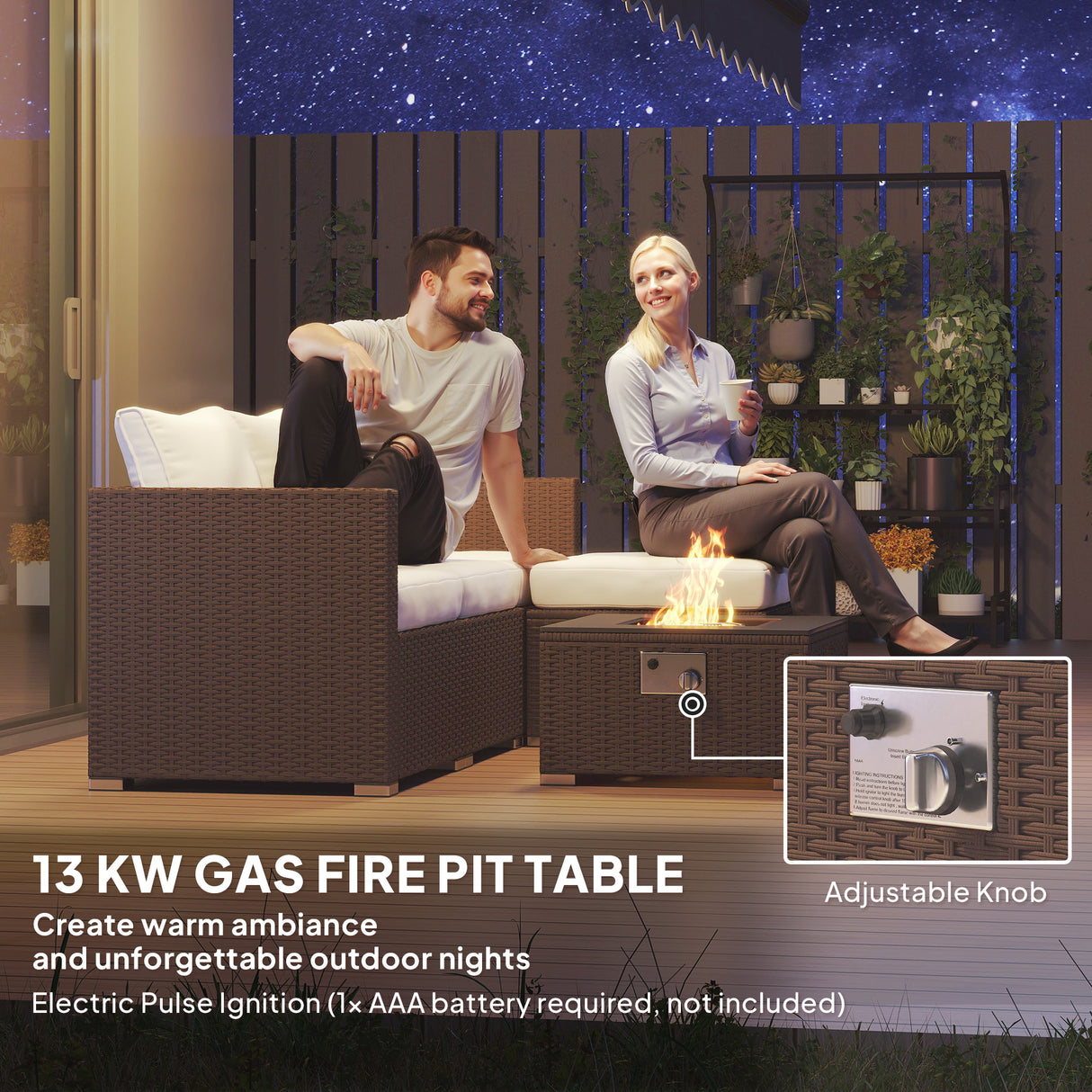 Poly Rattan 5 Piece Garden Sofa Set With Gas Fire Pit Table and Footstool - Velmora