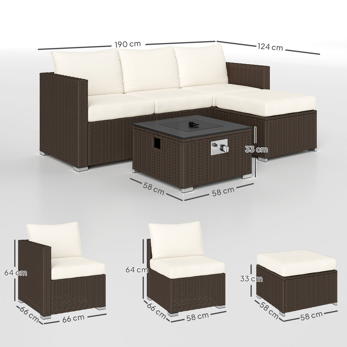 Poly Rattan 5 Piece Garden Sofa Set With Gas Fire Pit Table and Footstool - Velmora