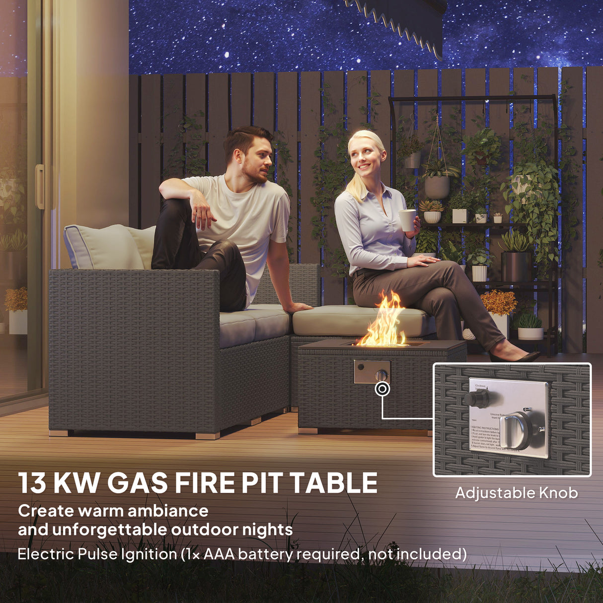 Poly Rattan 5 Piece Garden Sofa Set With Gas Fire Pit Table and Footstool - Velmora