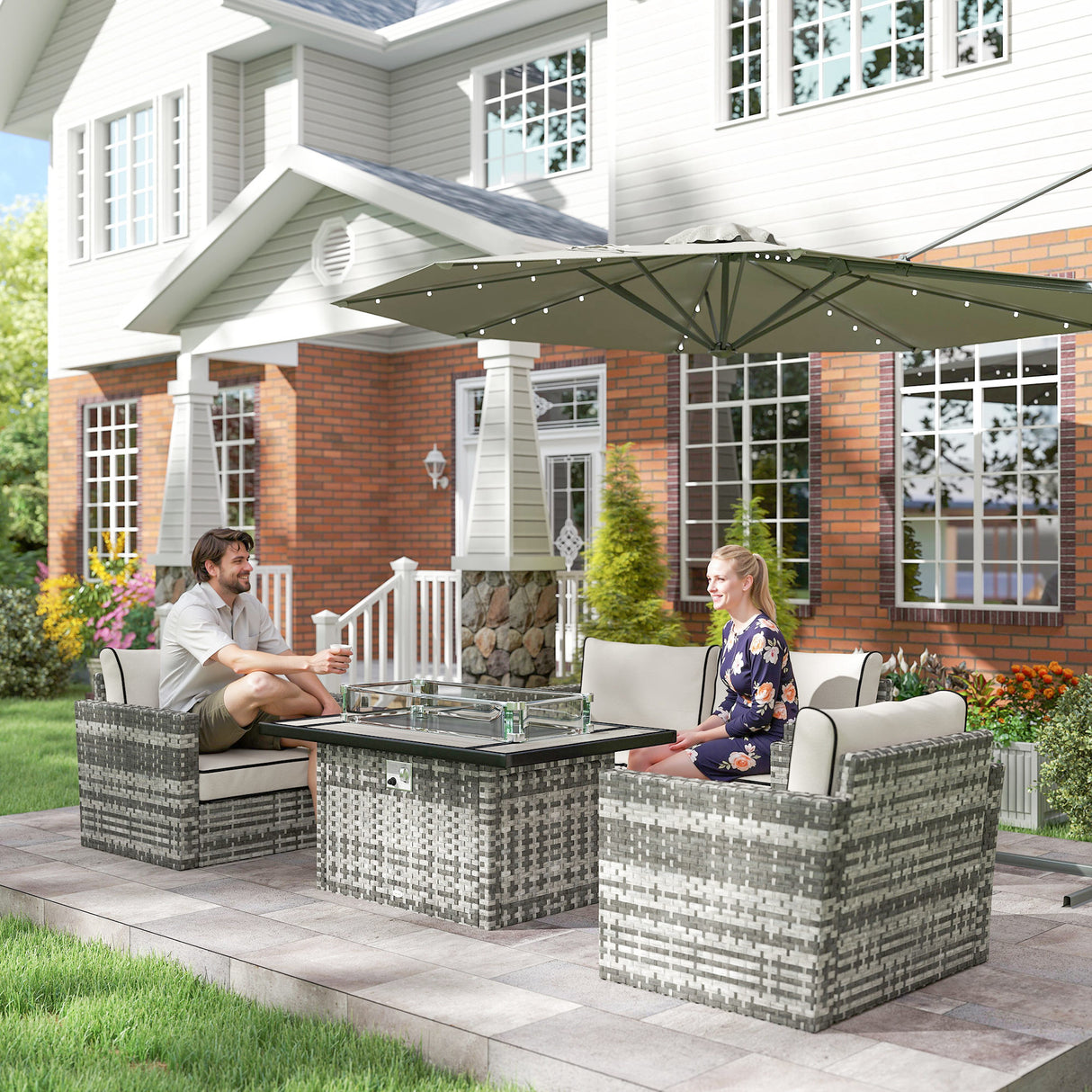 Poly Rattan 5 Pieces 4 Seater Garden Furniture Set With Gas Fire Pit Table - Velmora