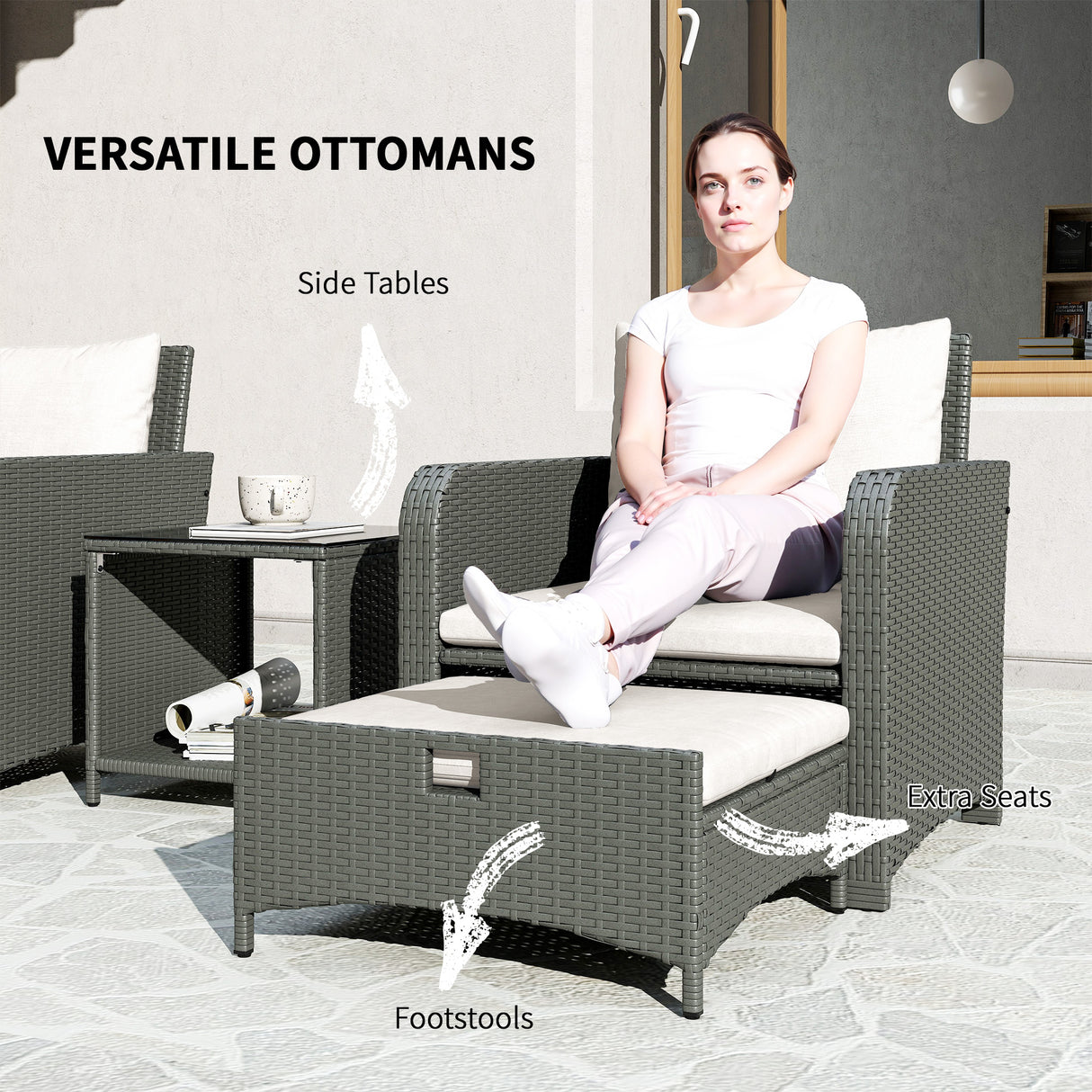 Poly Rattan 5 Pieces Garden Sofa Set With 2-Tier Coffee Table And Ottomans - Velmora