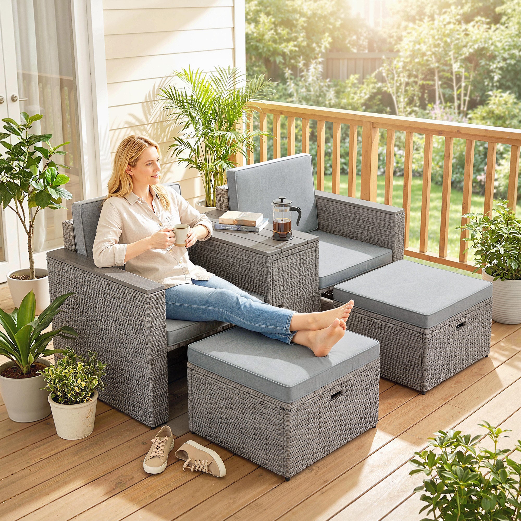 Poly Rattan 5 Pieces Garden Sofa Set With Storage Table And Footstools - Velmora