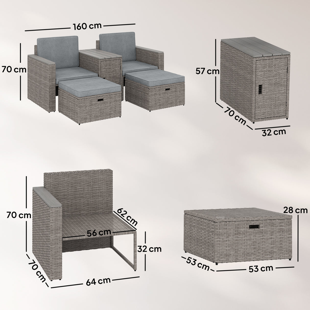 Poly Rattan 5 Pieces Garden Sofa Set With Storage Table And Footstools - Velmora