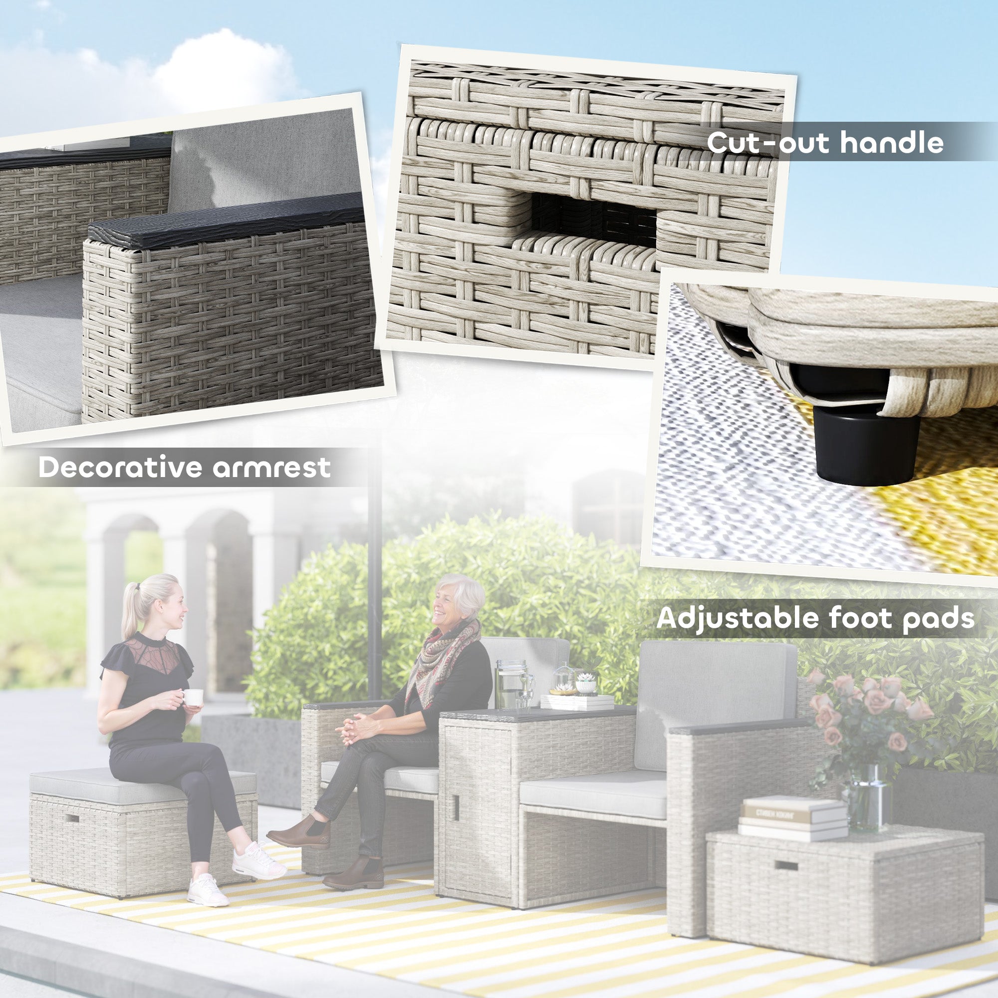 Poly Rattan 5 Pieces Garden Sofa Set With Storage Table And Footstools - Velmora