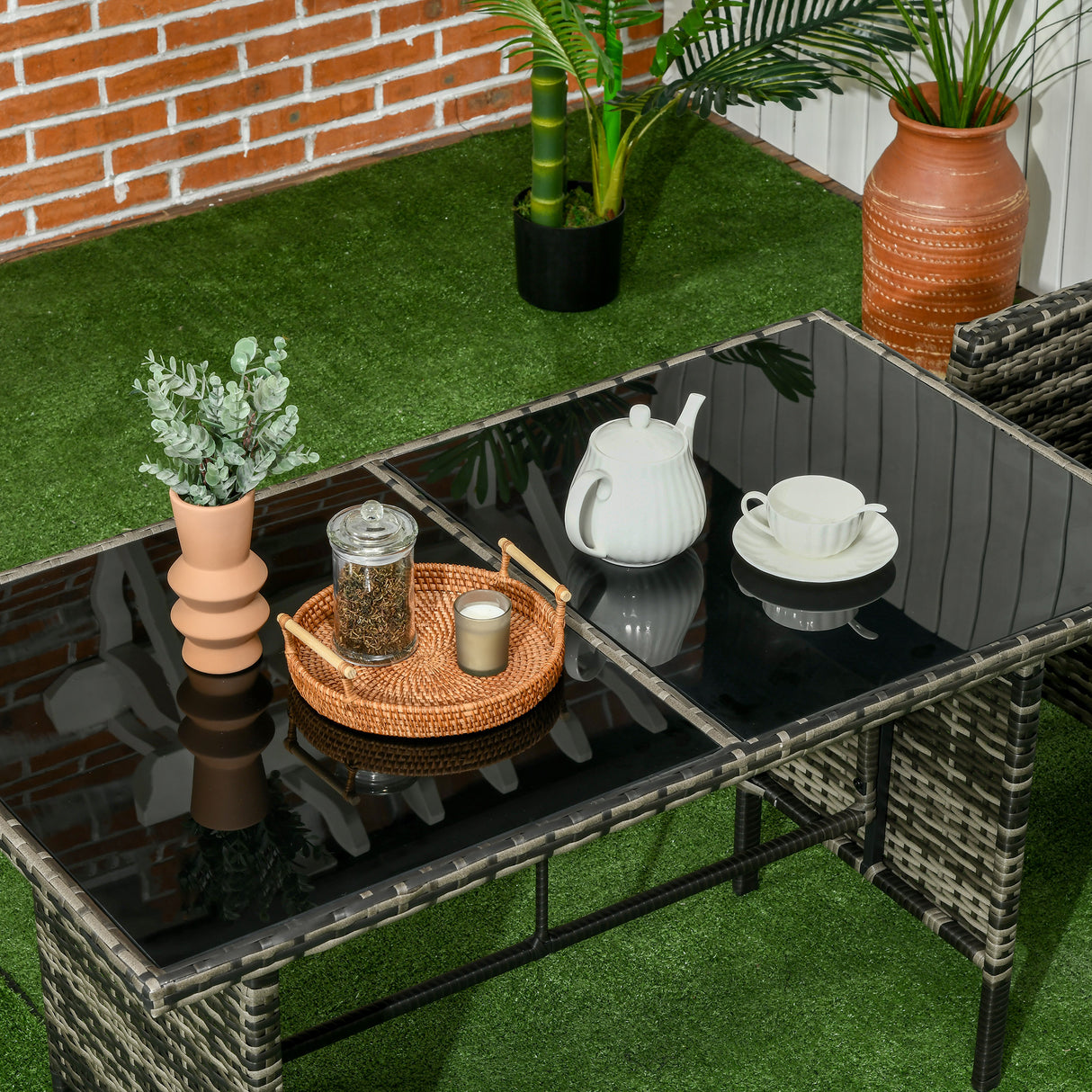 Poly Rattan 5 Seater Garden Furniture Set With Glass Table and Cushions - Velmora