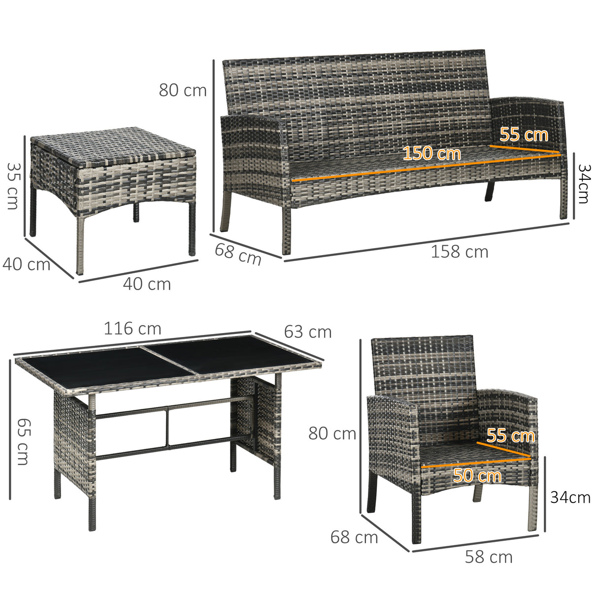Poly Rattan 5 Seater Garden Furniture Set With Glass Table and Cushions - Velmora