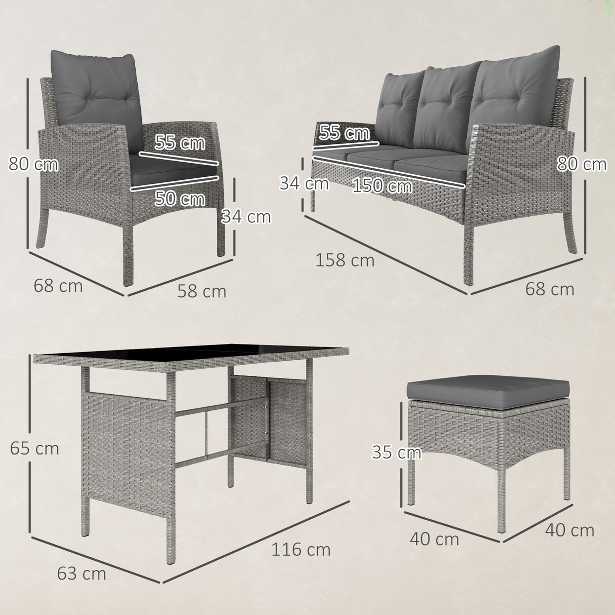 Poly Rattan 5 Seater Garden Furniture Set With Glass Table and Cushions - Velmora