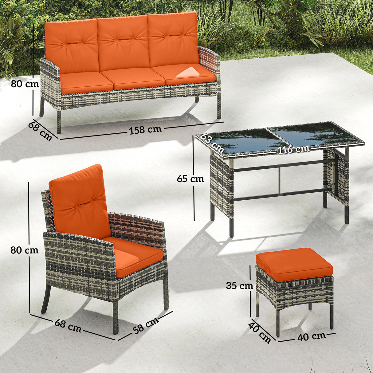 Poly Rattan 5 Seater Garden Furniture Set With Glass Table and Cushions - Velmora