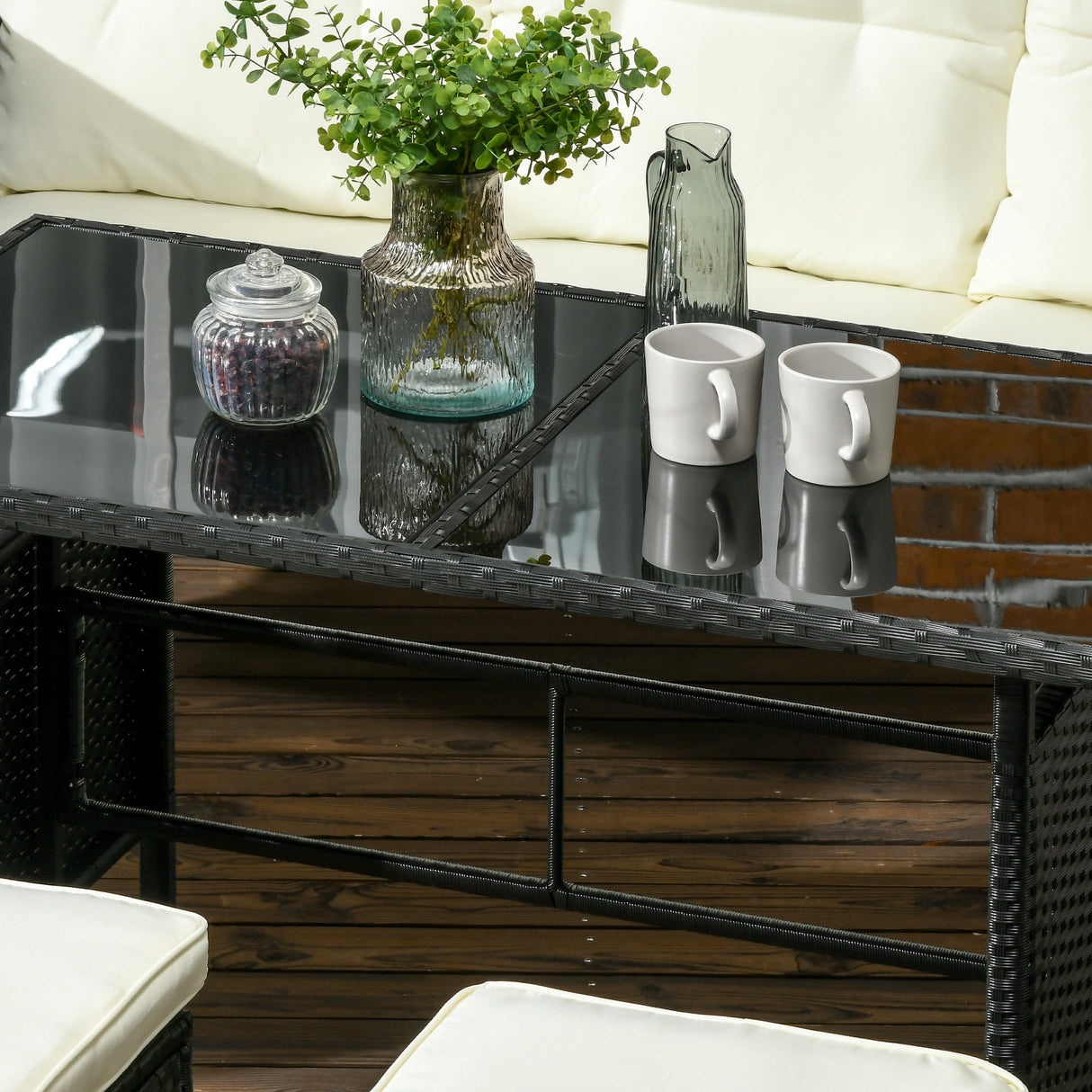 Poly Rattan 5 Seater Garden Furniture Set With Glass Table and Cushions - Velmora